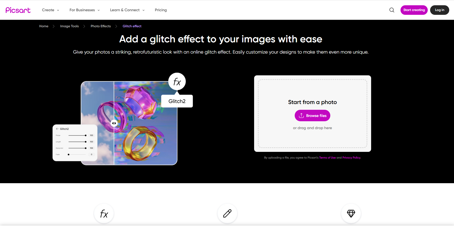Interface of Picsart - another way to add glitch to videos online