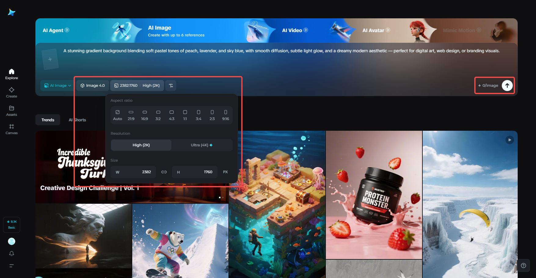 Select the image model and set your preferences