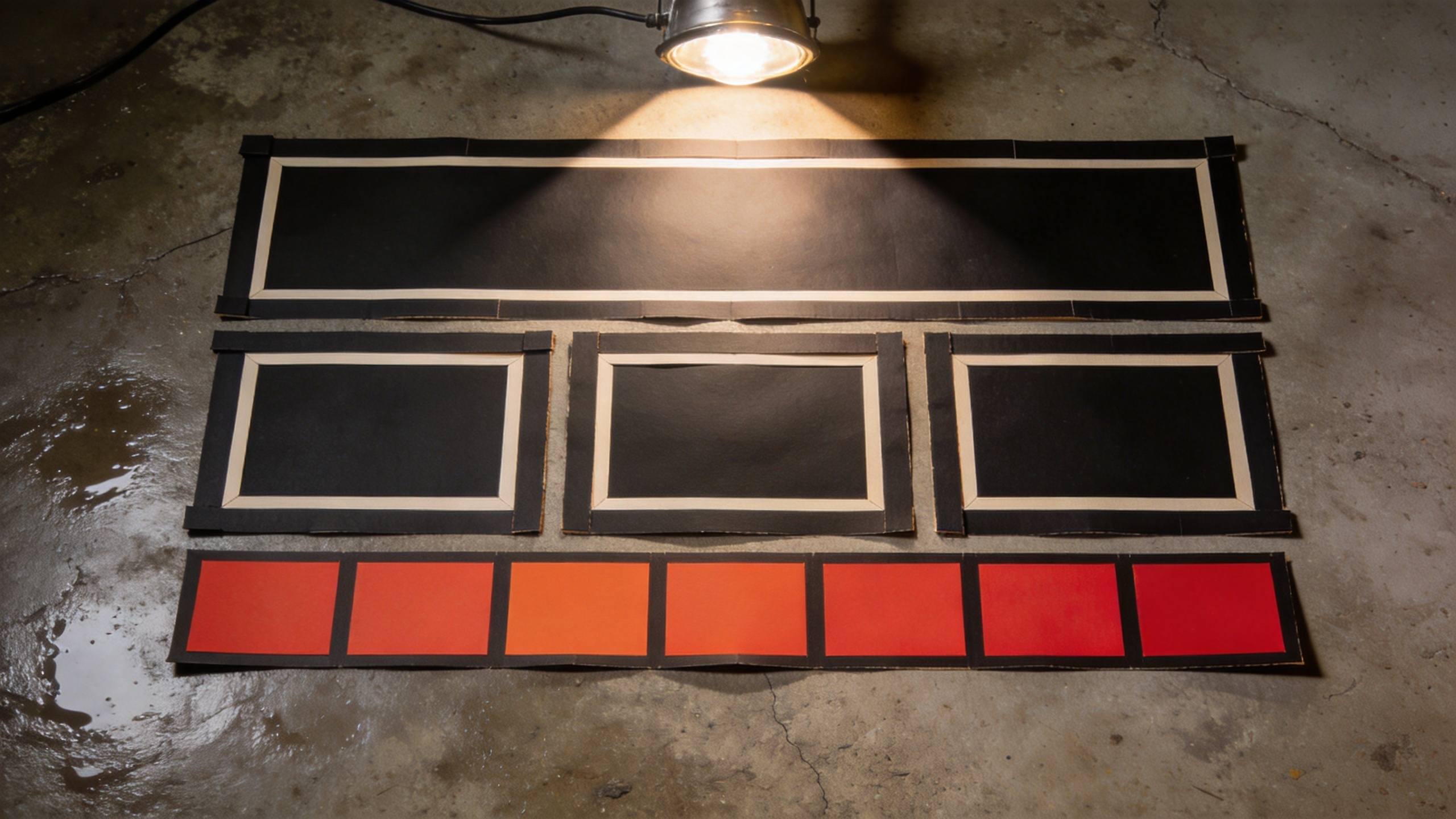 Black and beige layout boards with rectangular frames and a row of red color swatches on a concrete floor