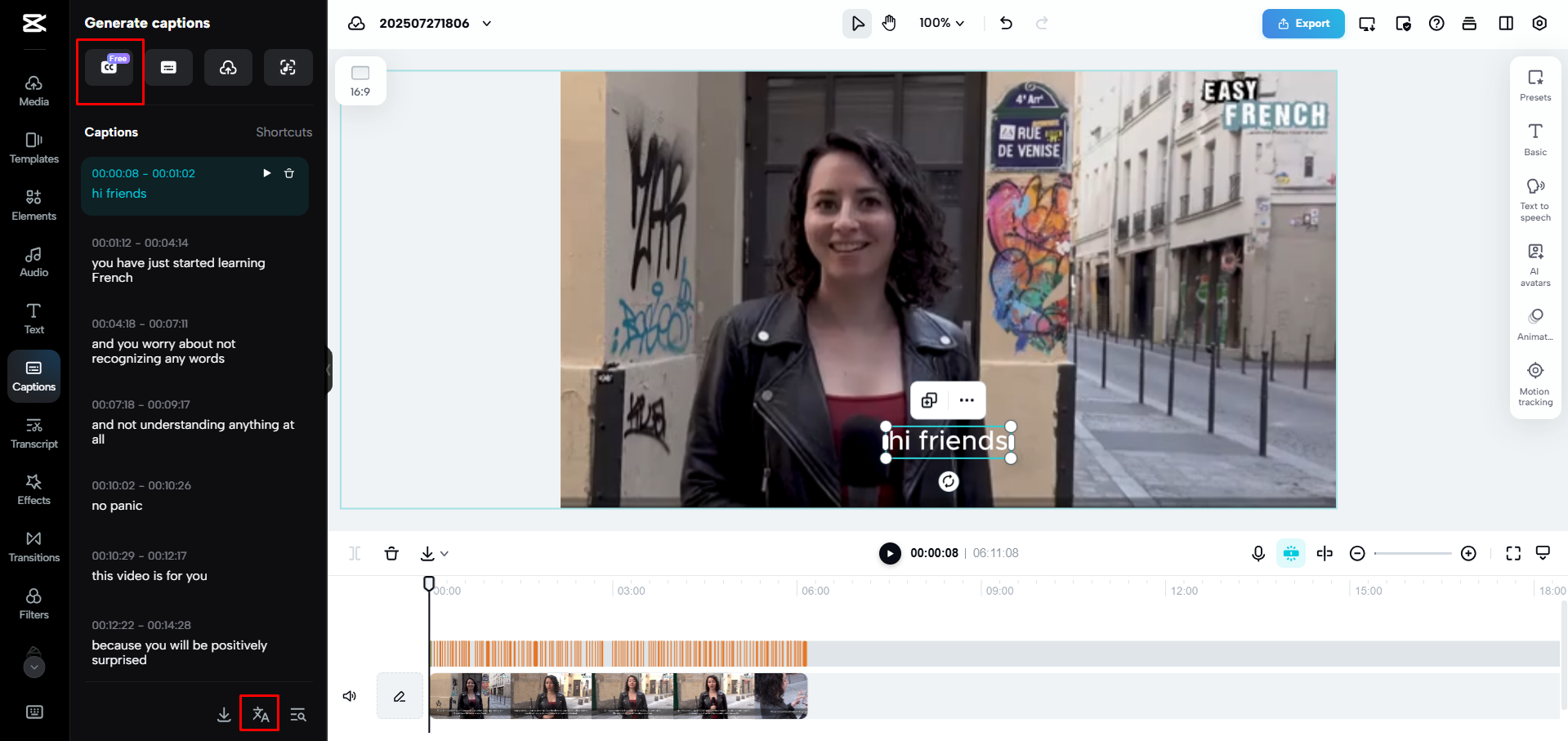 Converting French audio to English subtitles with CapCut Web