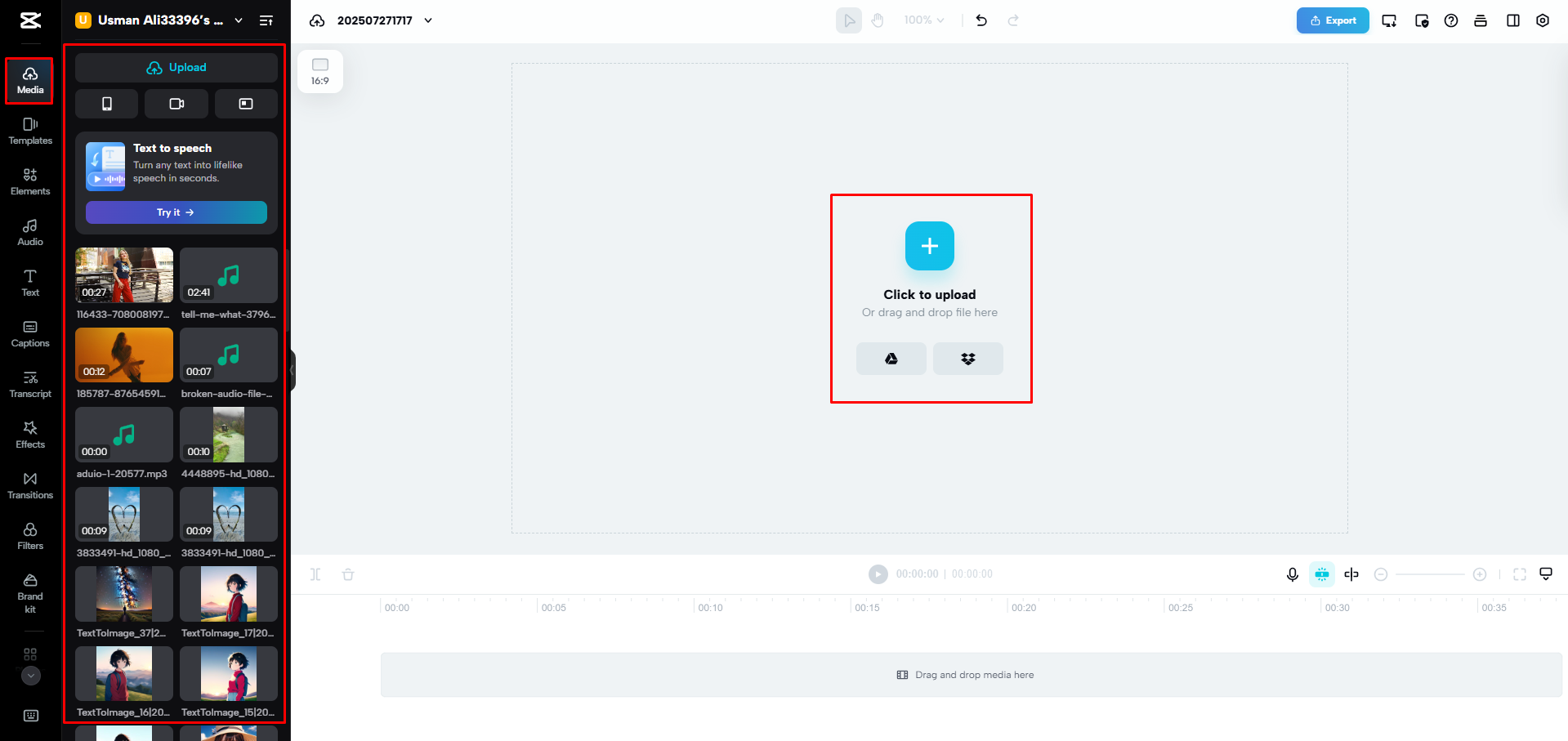 Carregando um arquivo de áudio no CapCut Web
