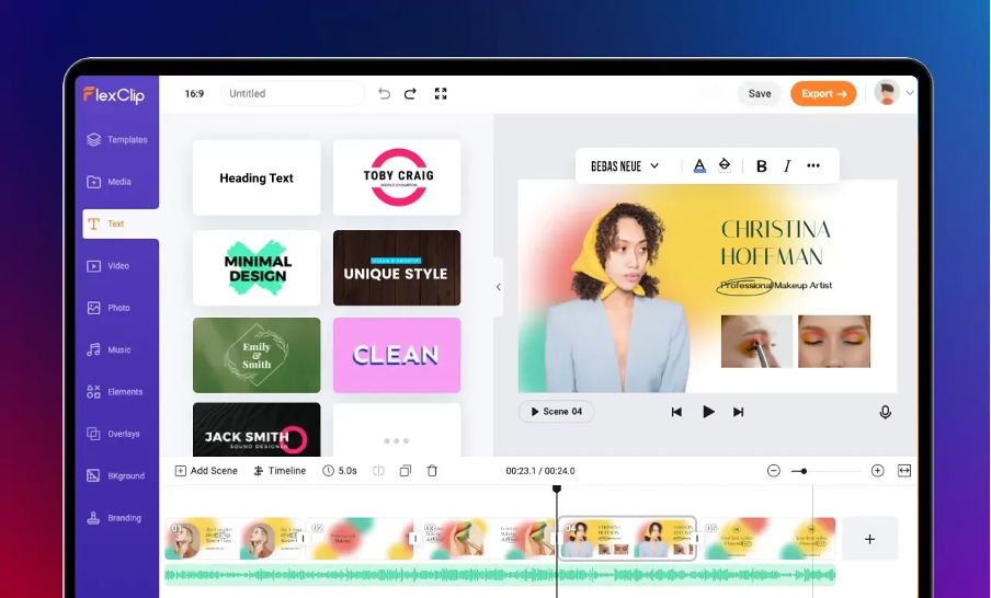 The FlexClip editor displays text templates, a beauty-layout preview, and a multi-clip timeline.
