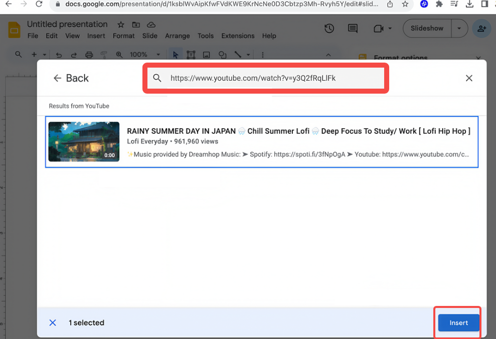Embed the YouTube video in Google Slides