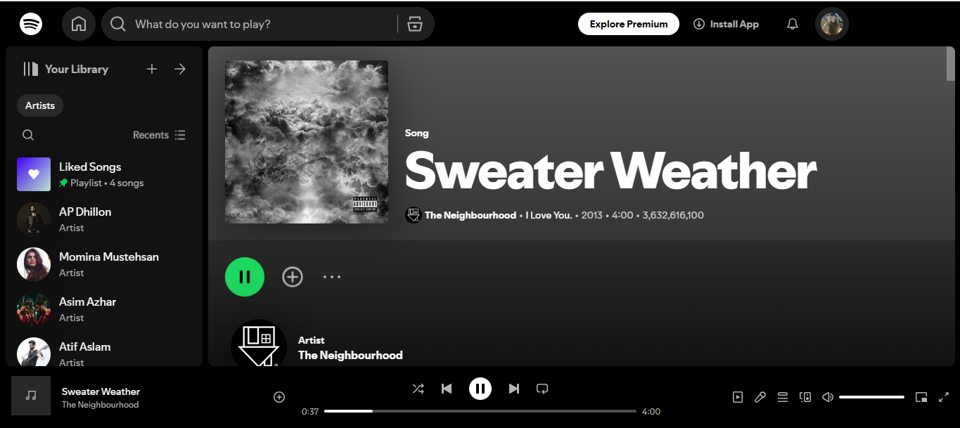 Интерфейс Sweater Weather - самые прослушиваемые песни на Spotify