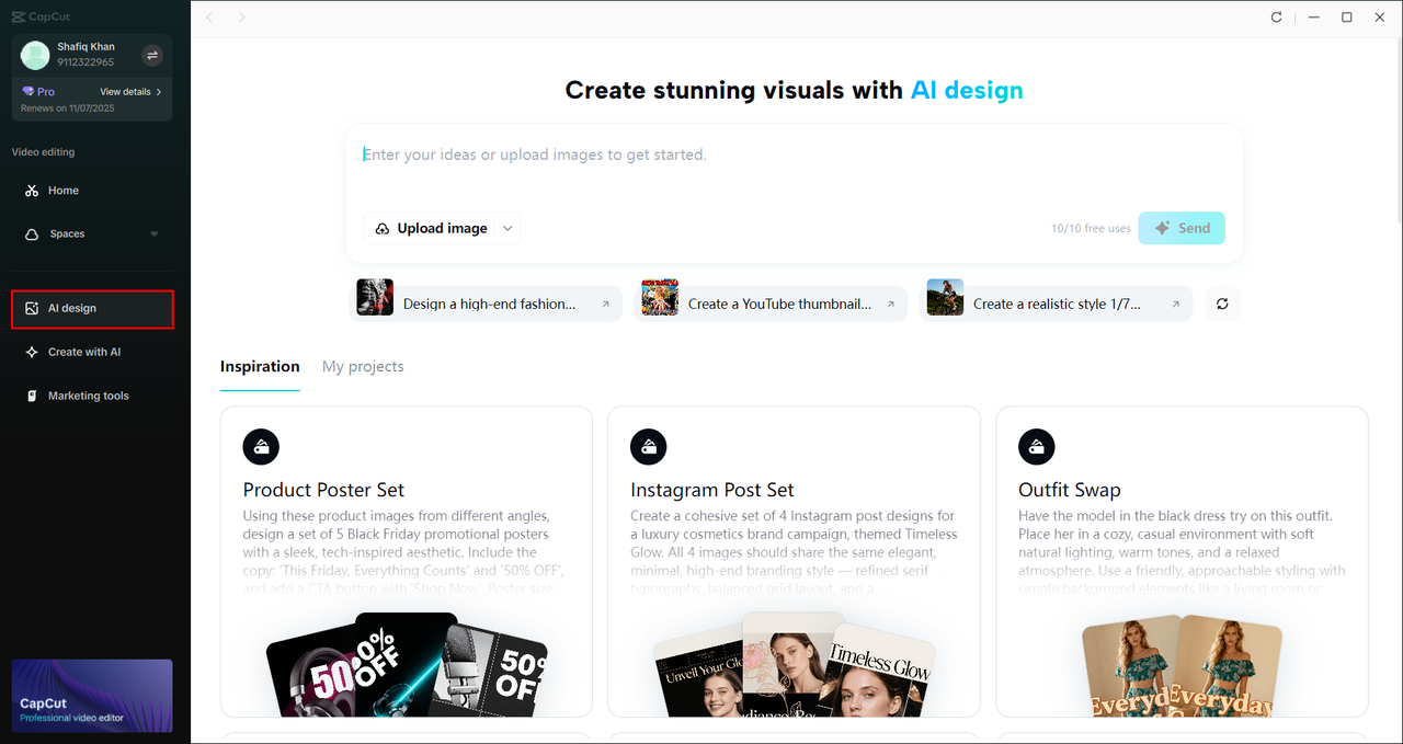 Accessing the AI Design tool in the CapCut desktop video editor 