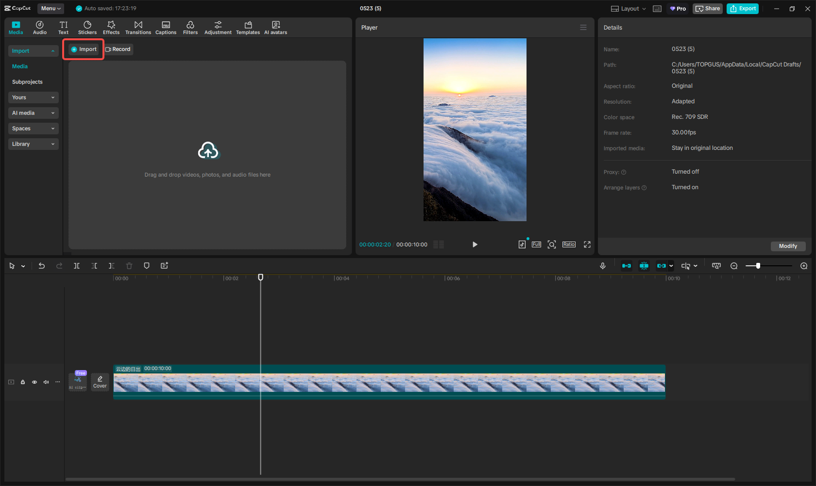 Importing the image into CapCut