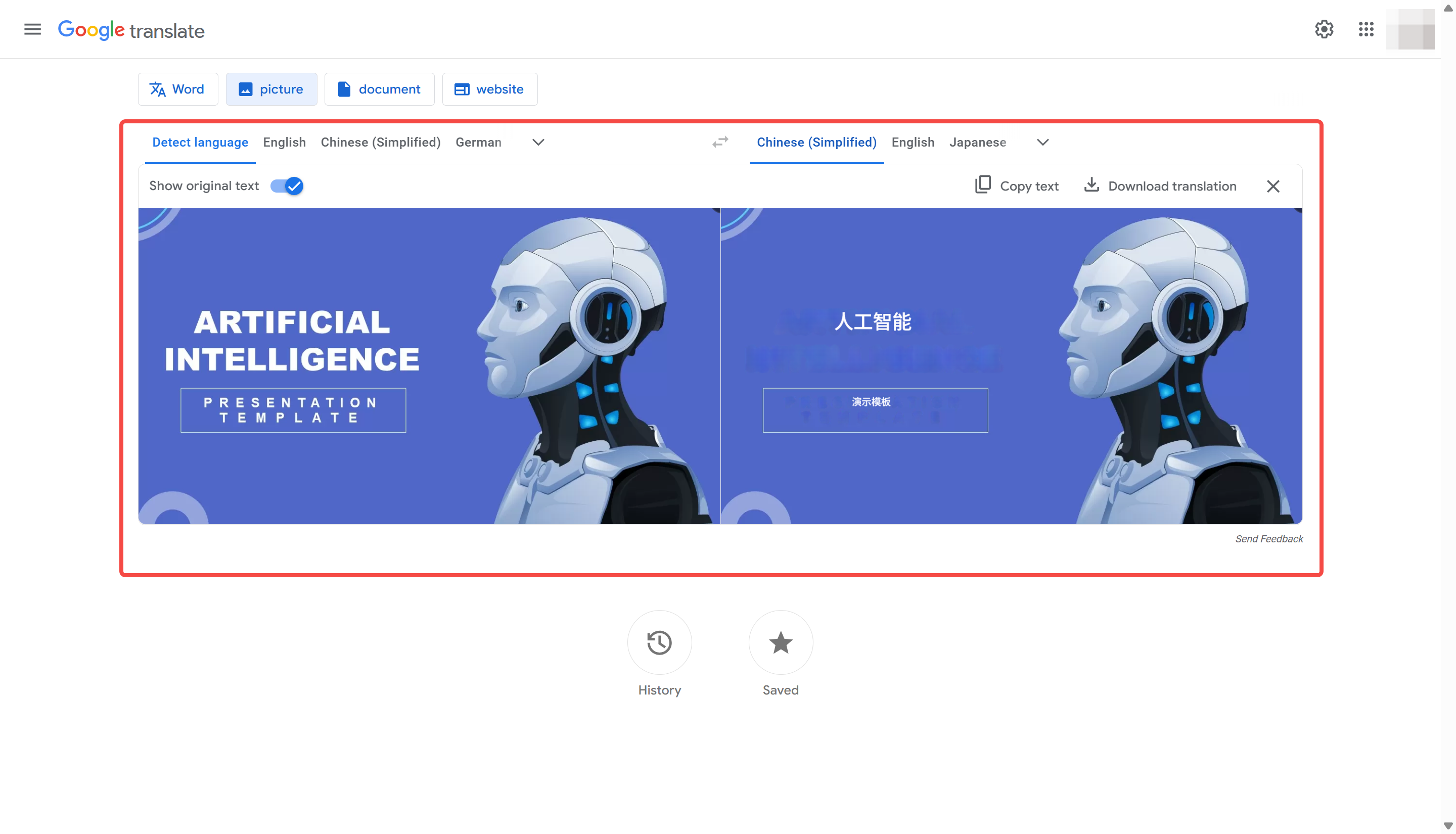 Showing how to use Google Translate camera on computer