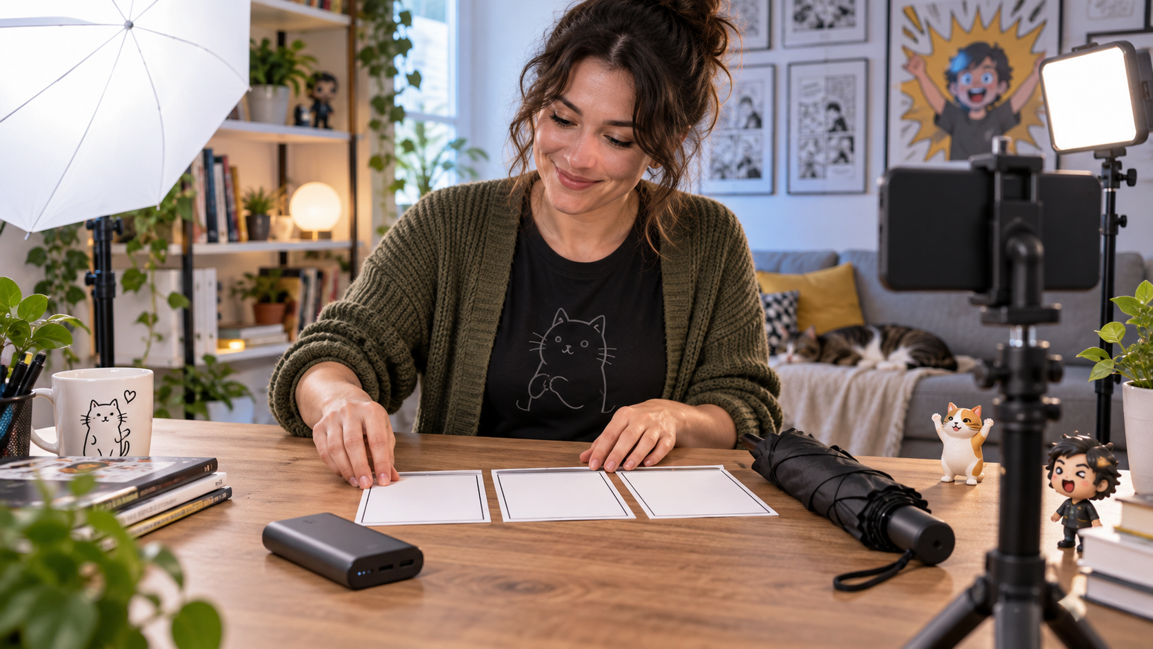 A creator planning setup, pause, and product-reaction beats beside a phone tripod