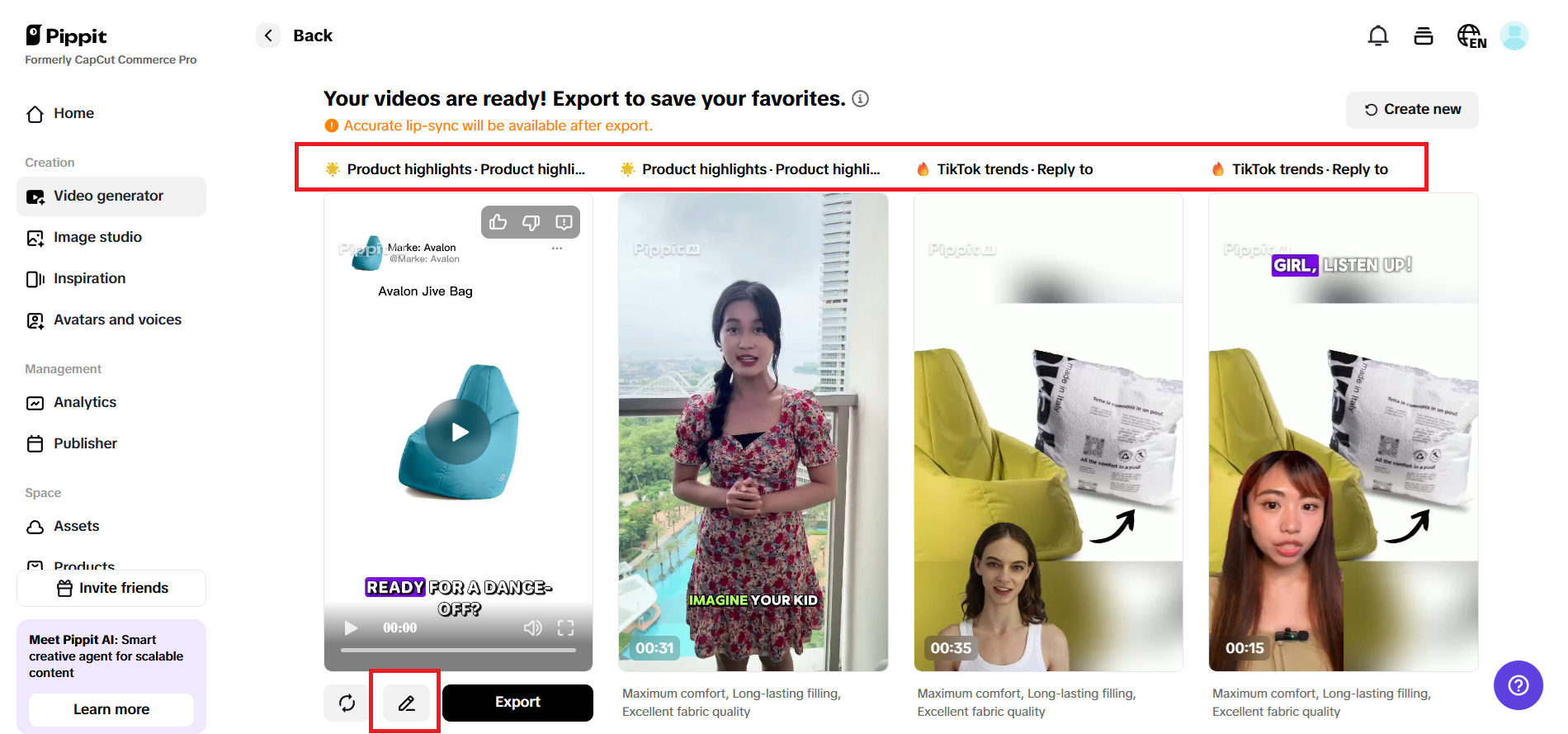 Preview generated videos and choose Quick edit
