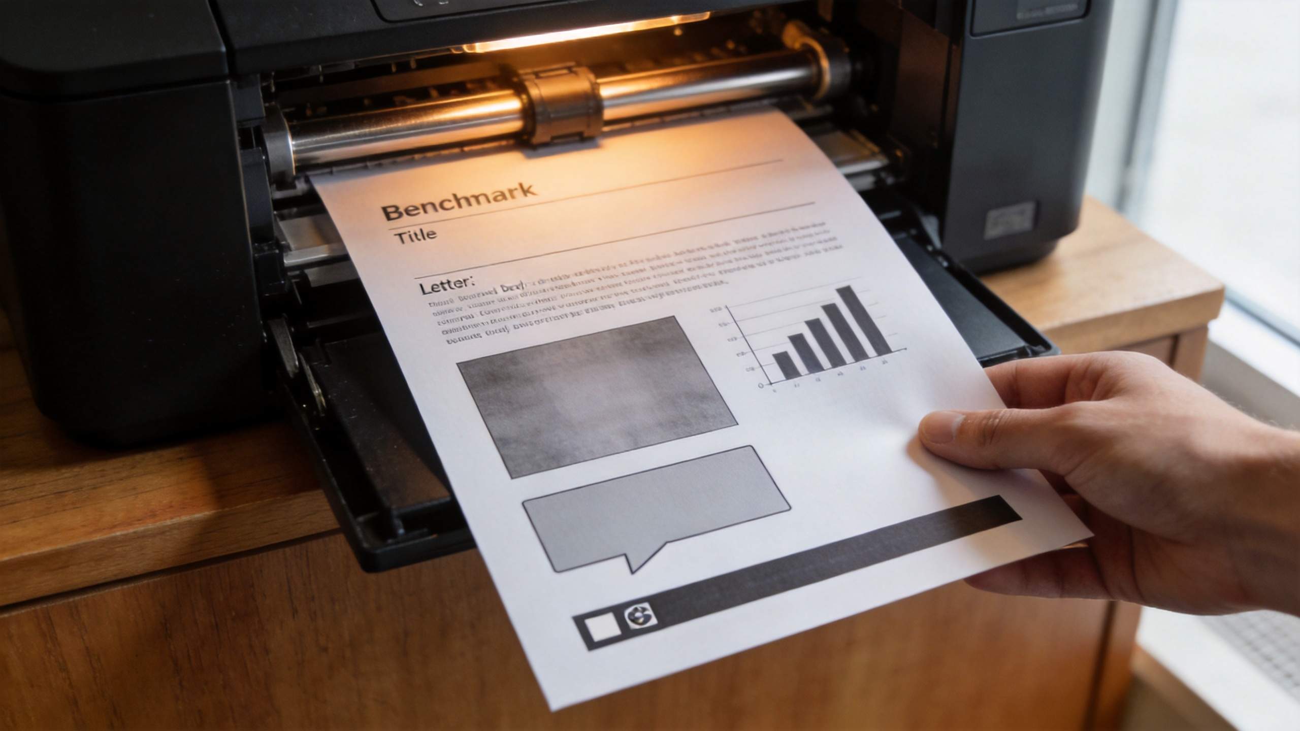 Hand holding a black-and-white printed page with charts and text coming from a printer