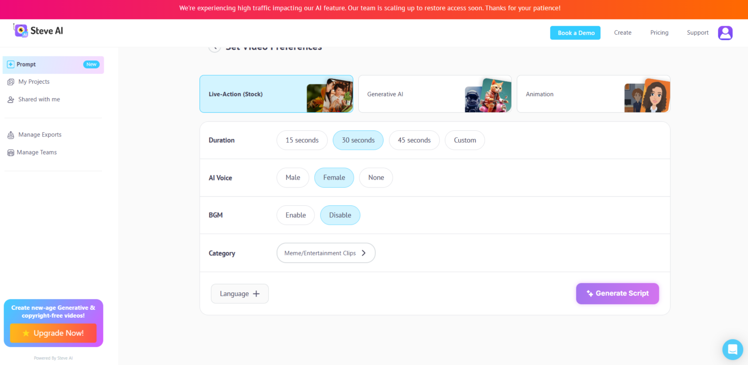 Interface of Steve AI - an easy to use training video maker
