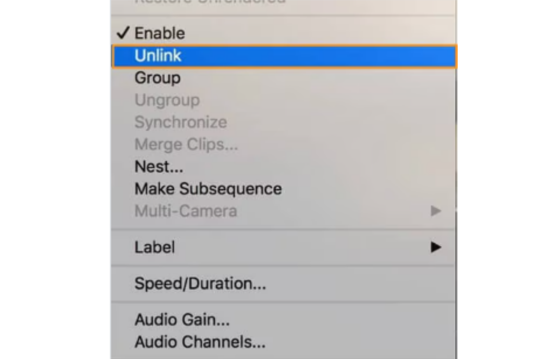Showing how to separate audio from video in Adobe Premiere Pro