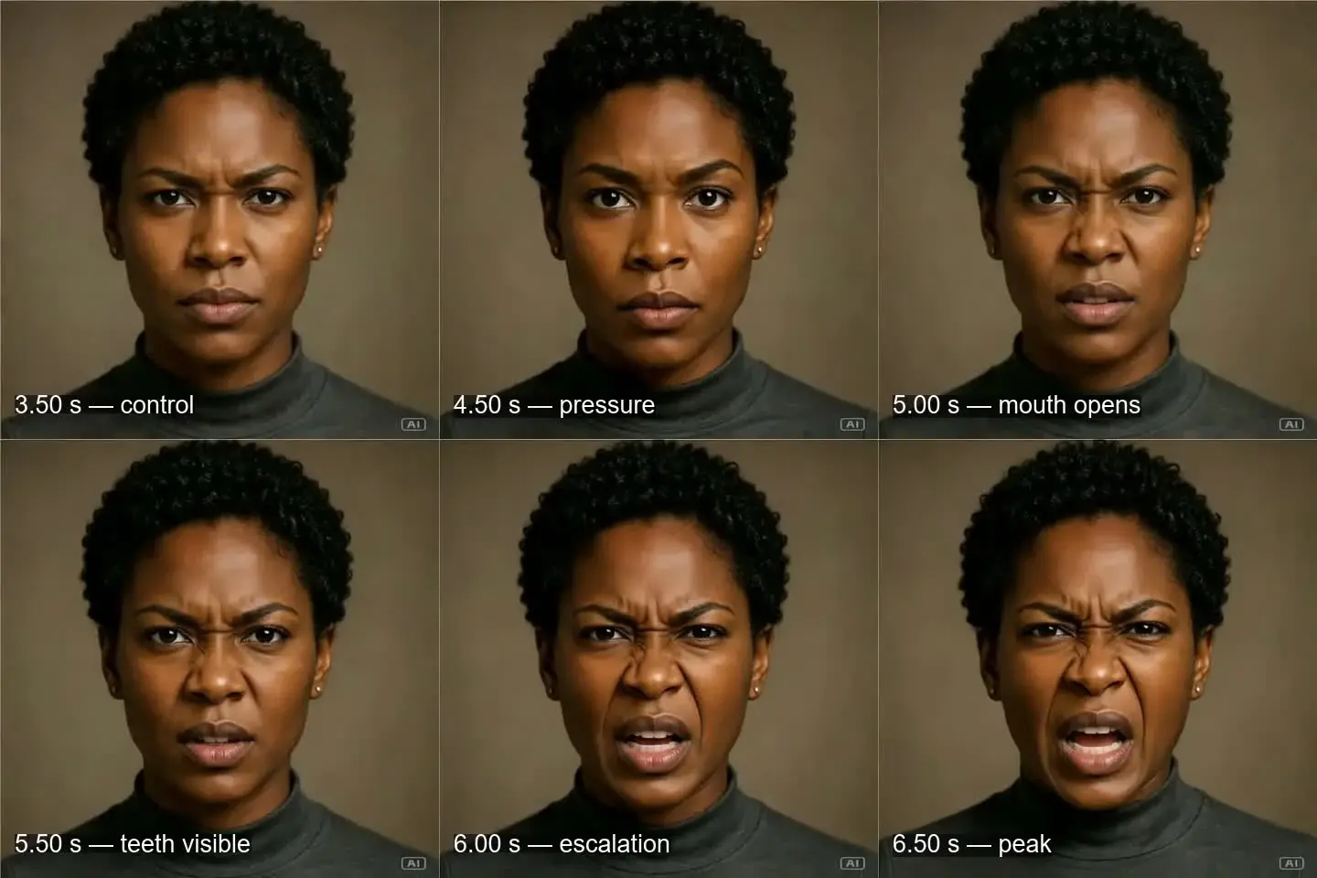 Six-step face sequence shifting from calm to angry expression with labels and timestamps