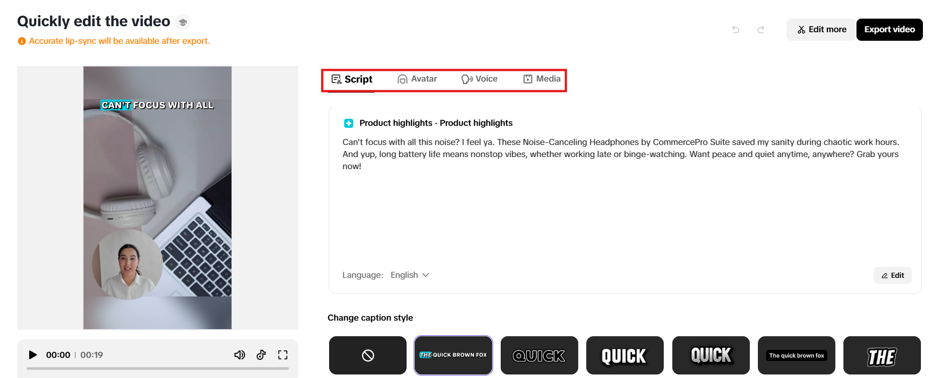 Modify script, avatar, voice or media