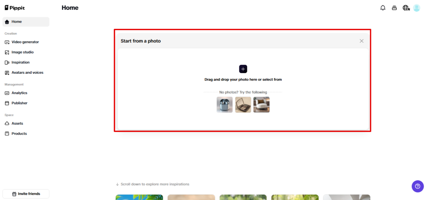 Uploading picture to Pippit