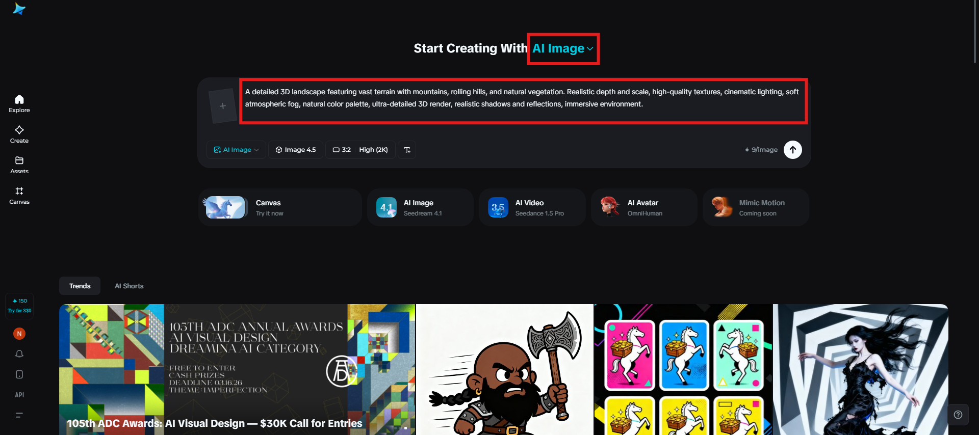 Enter prompts in the Dreamina workspace