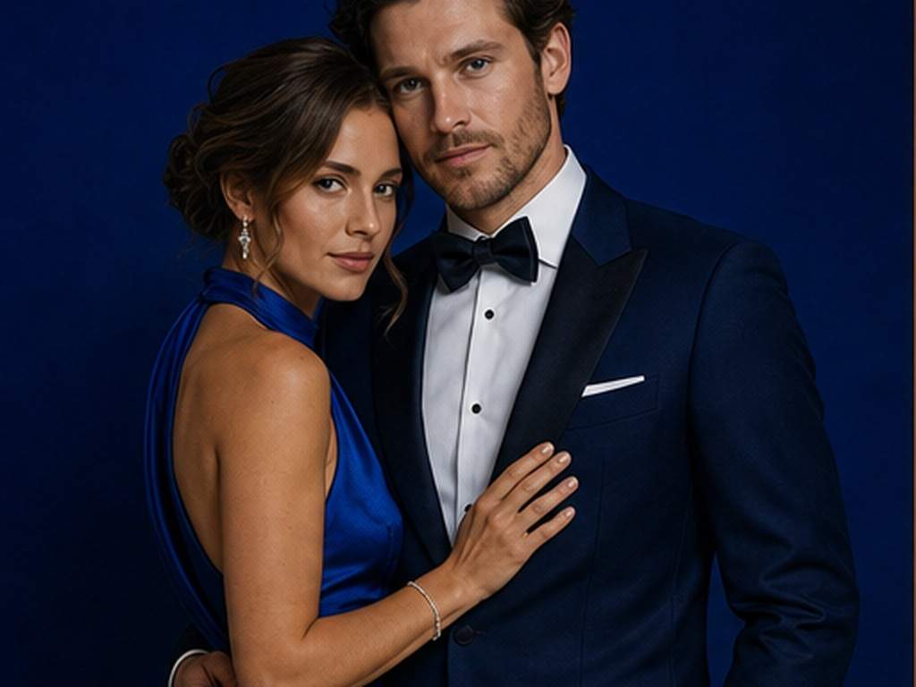 Cinematic Couple Studio Light Photo Prompt prompt example 2 - Royal blue formal look