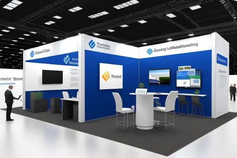 Eye-catching trade show booth with vibrant AI-generated backdrop