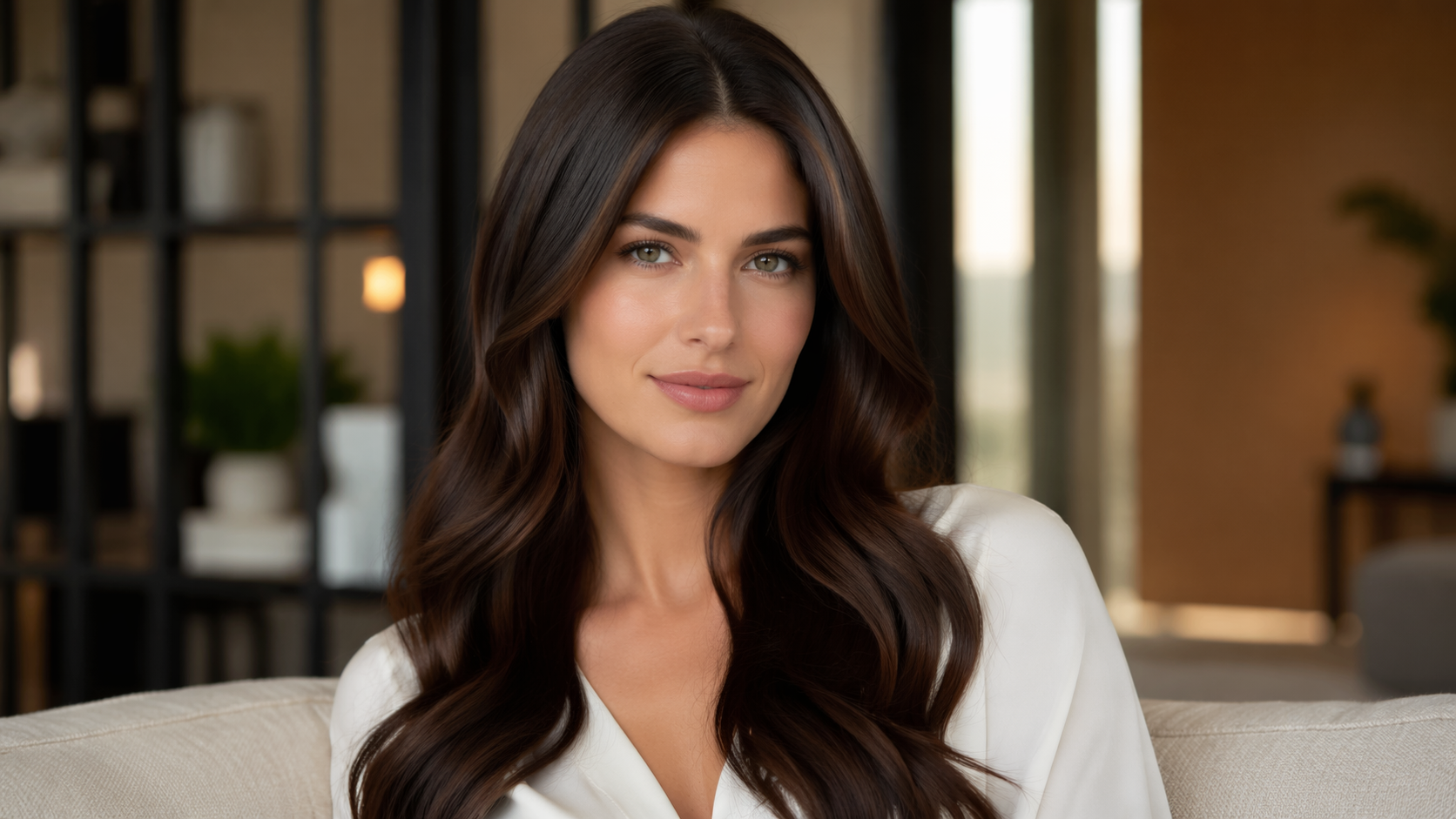 Dreamina edit hair in photo prompt example 4: Glossy brunette portrait
