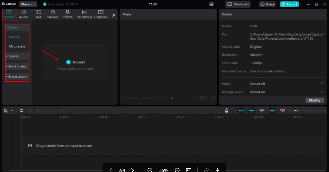 Importing the image into capcut desktop editor