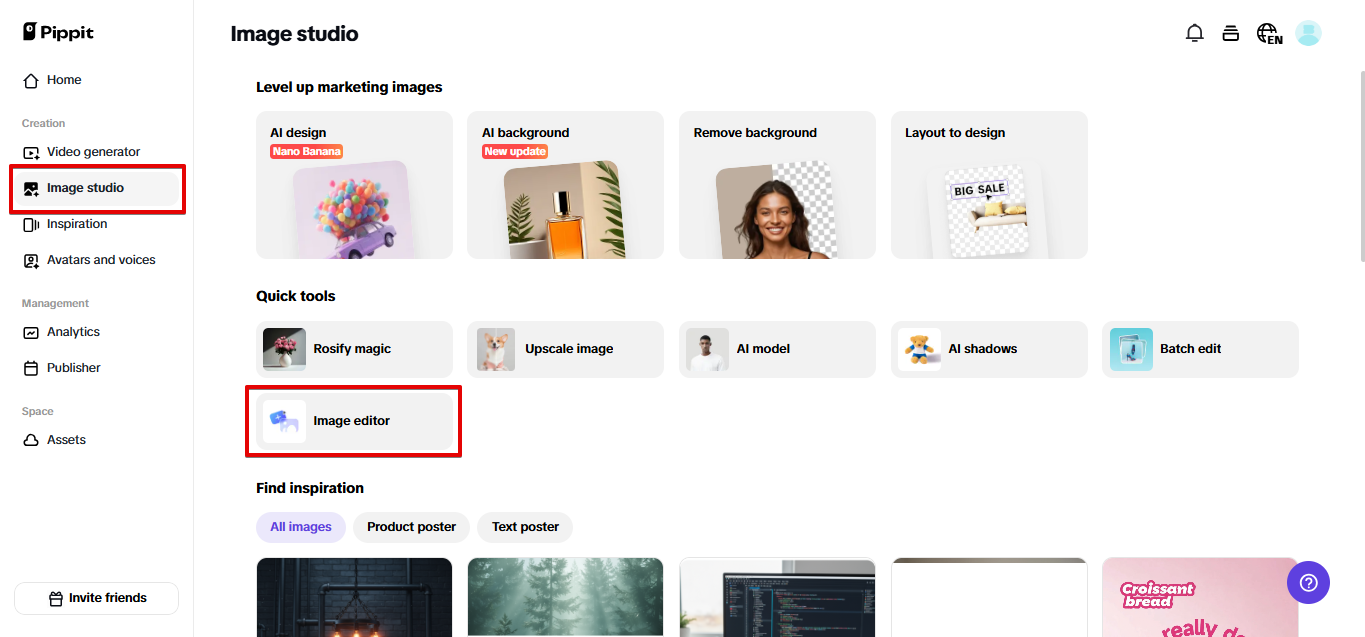 Opening image editor in Pippit