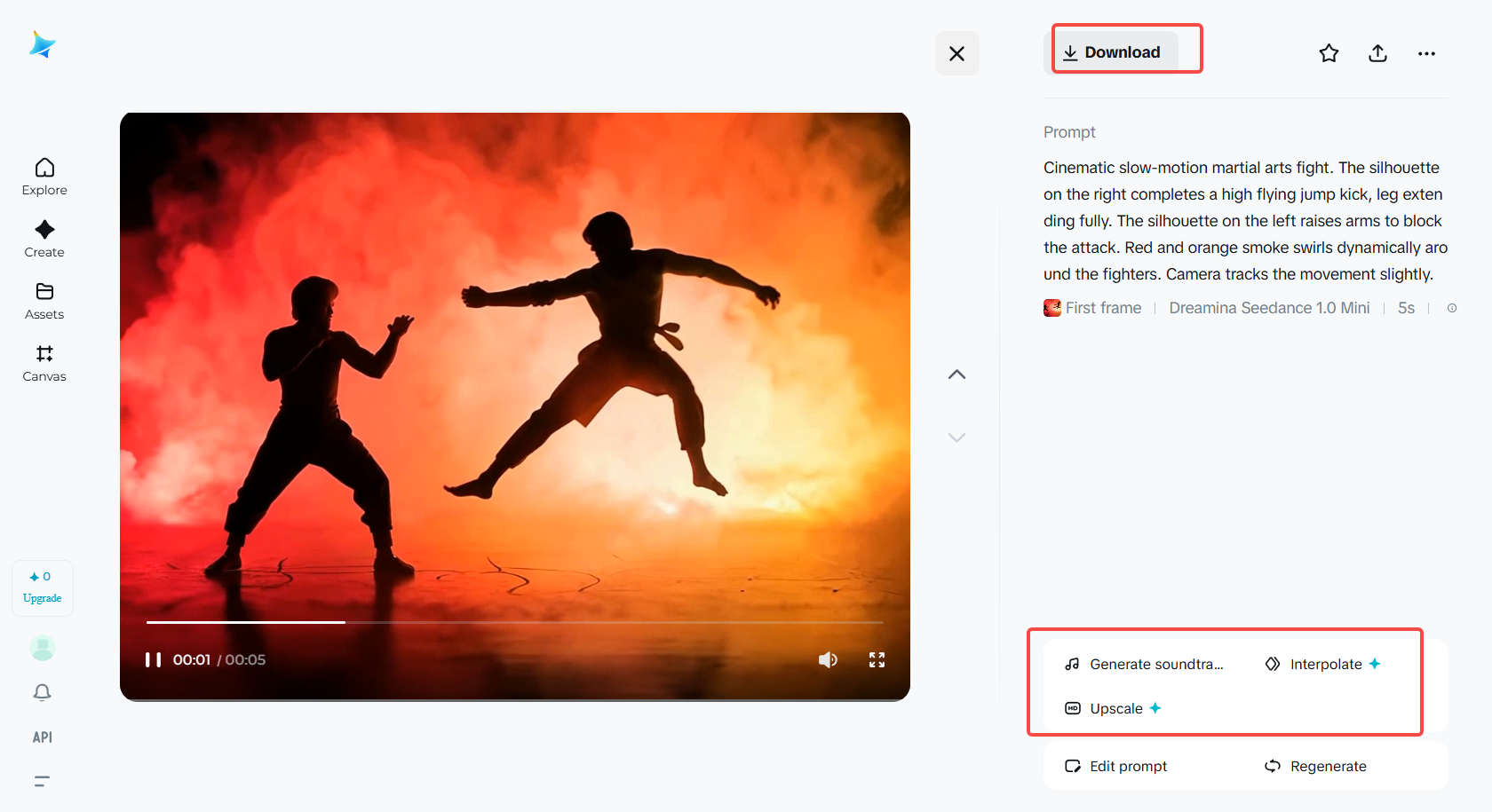 Downloading the fight video in Dreamina