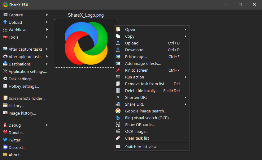 Interface of ShareX - an efficient screen recording software like Snagit