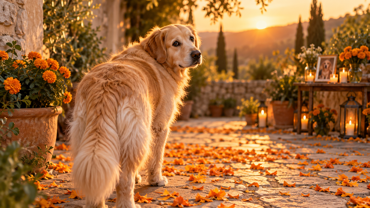 Cream-gold retriever with a darker left ear looking back on a warm courtyard path with scattered orange marigold petals, softly distant candles and small remembrance table, gentle golden twilight.