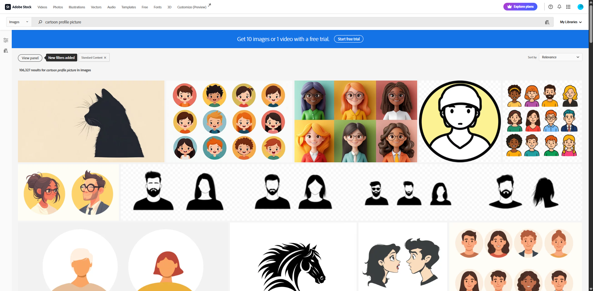Schnittstelle von Adobe Stock - eine weitere Ressource für cartoonartige Profilbilder