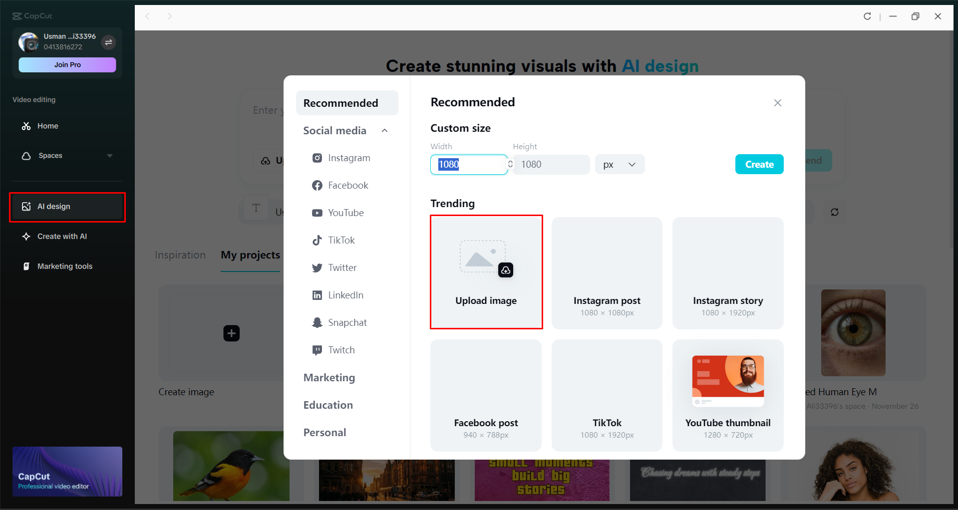 Accessing the AI design tool in the CapCut desktop video editor