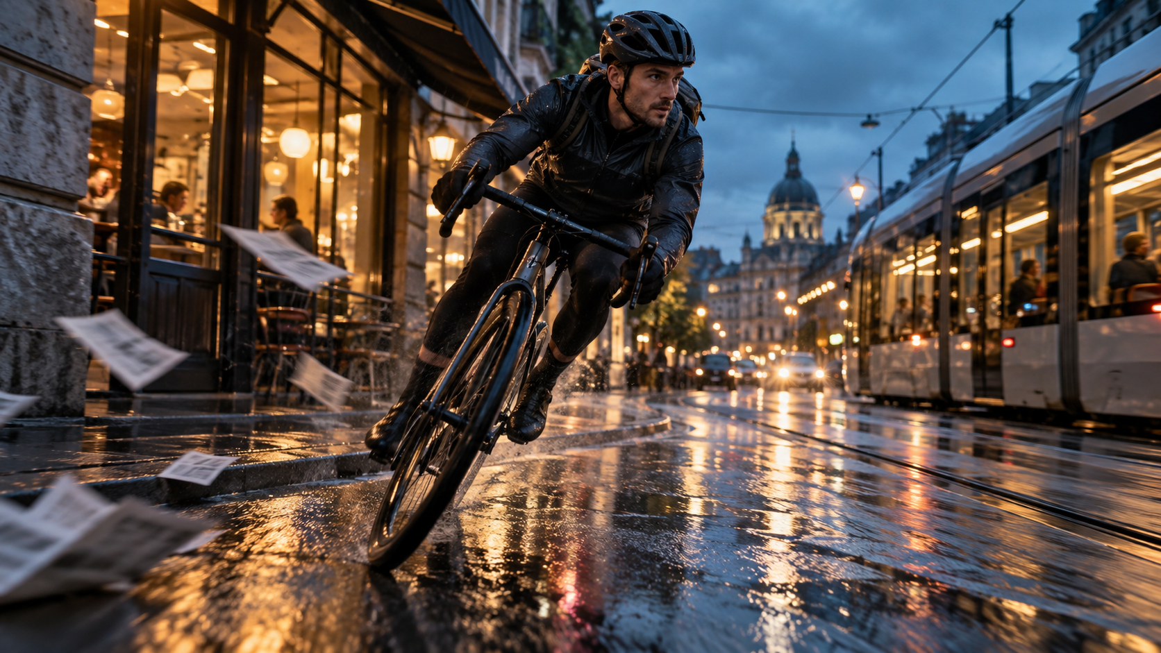 Cinematic cyclist tracking shot sa isang lungsod na may ilaw sa ulan