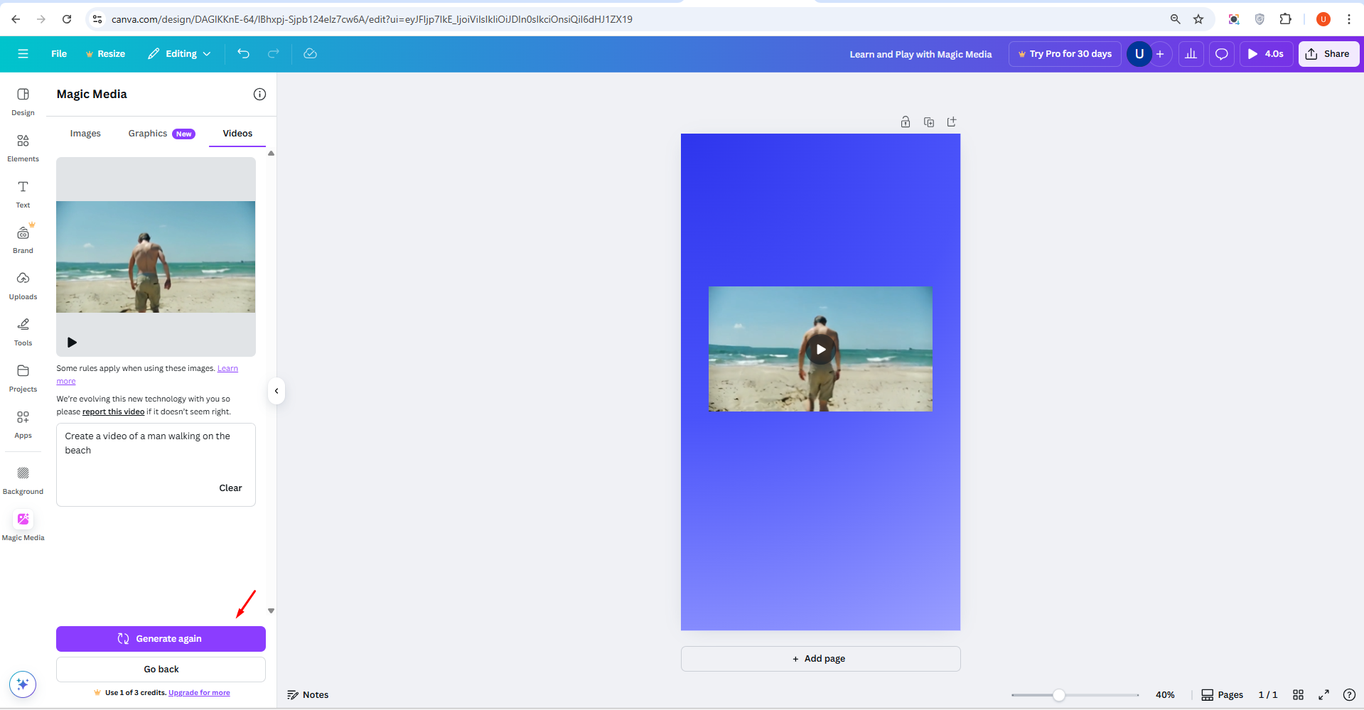 Accessing the text to video tool in Canva