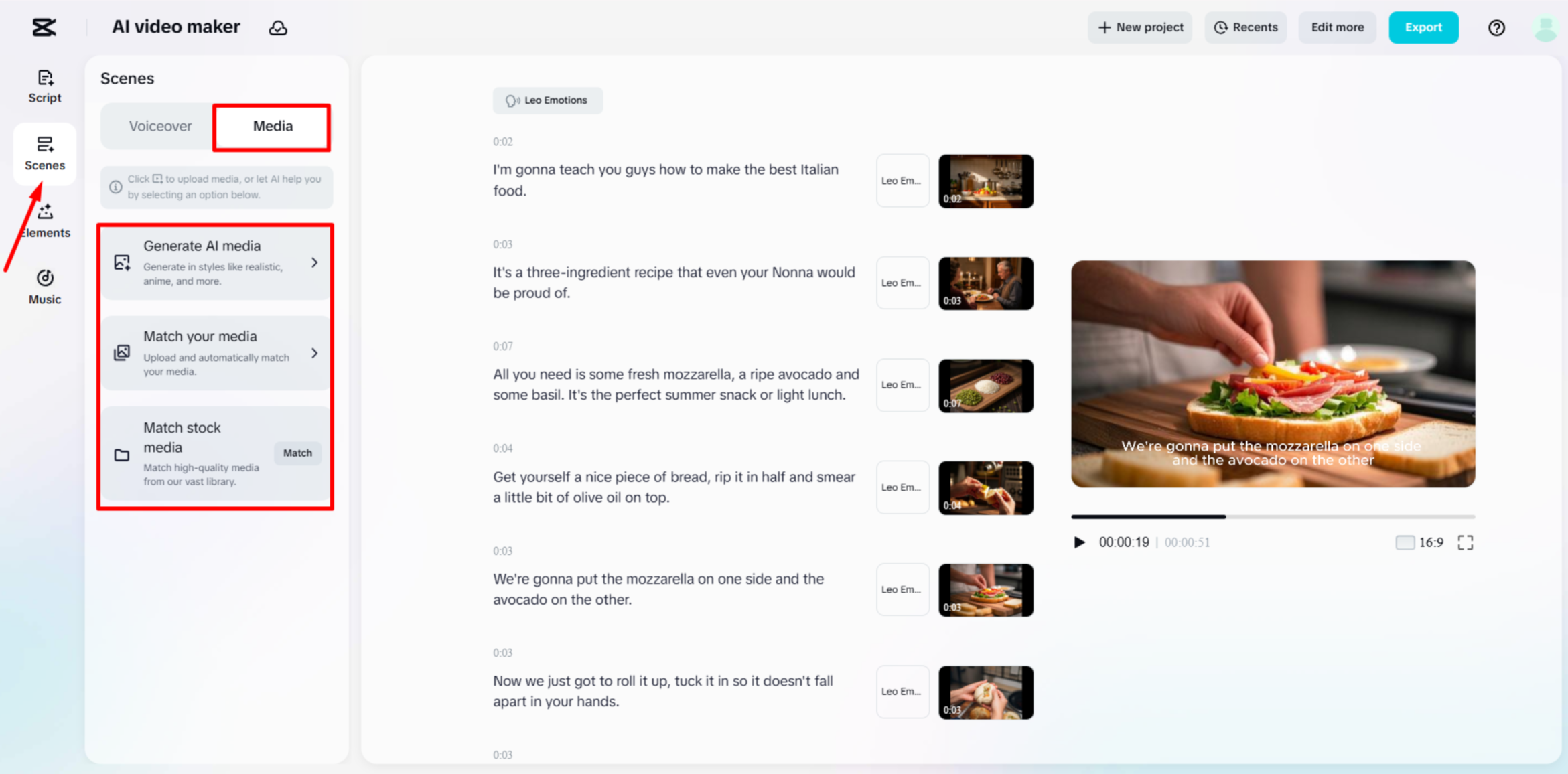 Hinzufügen oder Ersetzen von Medien im Video mit dem AI-Videomaker von CapCut