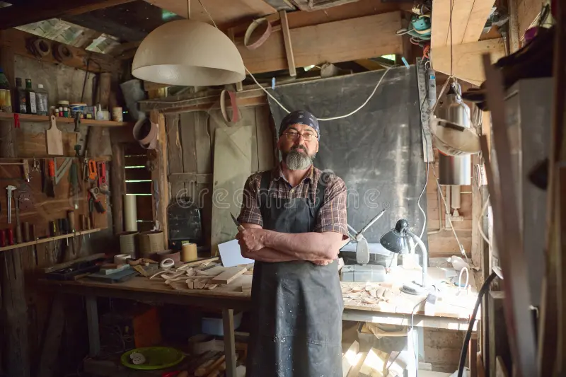 Artisan working in workshop with tools and materials