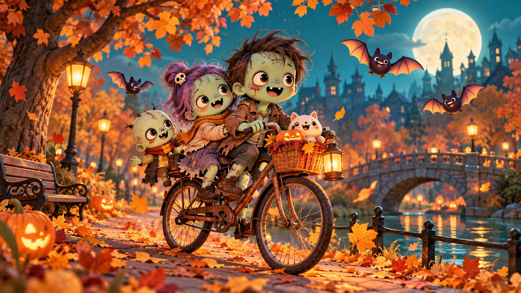 cute zombie prompts: Tiny Zombie Friends Riding a Creaky Bicycle Through