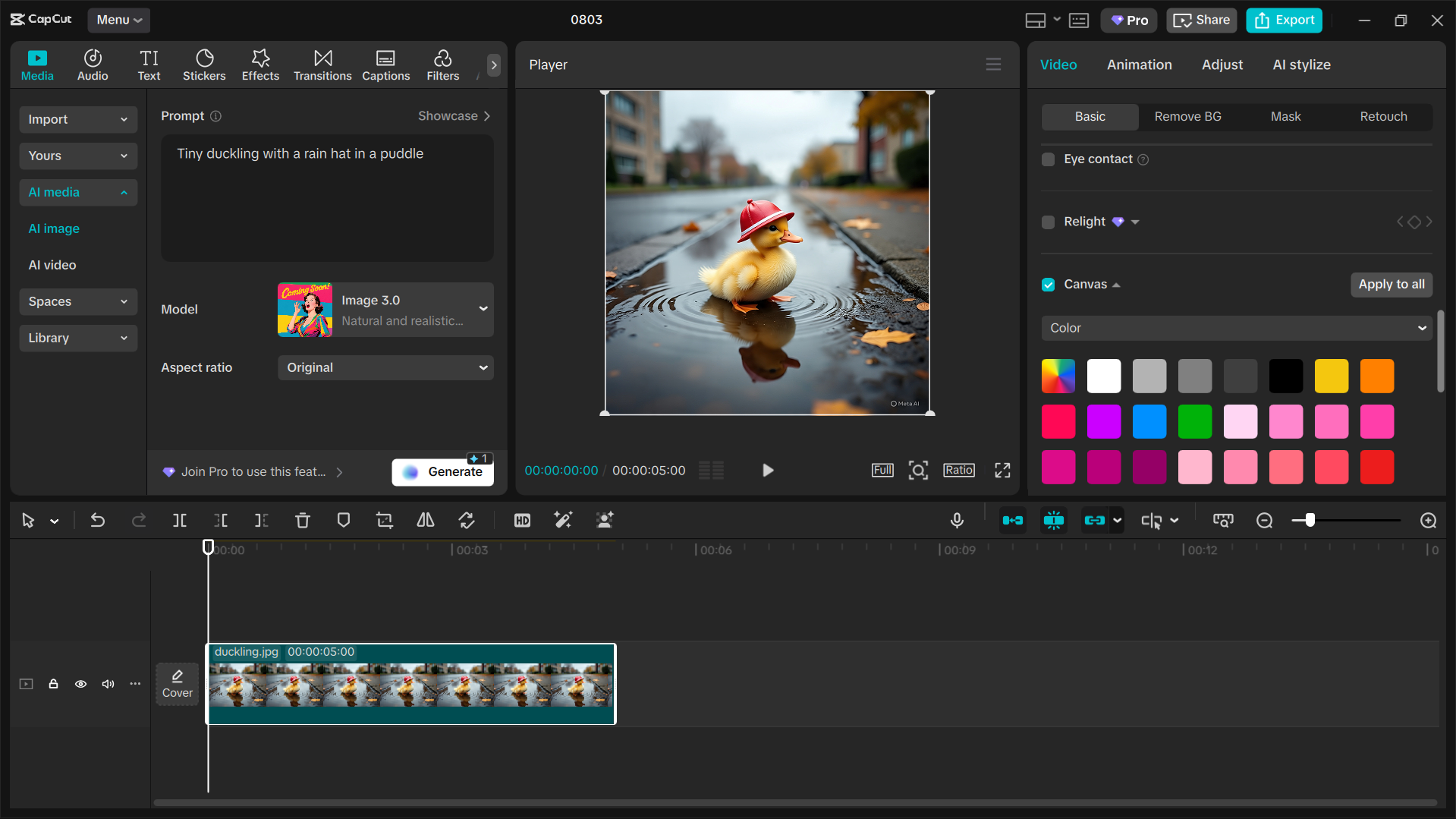 Rozhraní desktopového video editoru CapCut – nejlepší nástroj pro generování obrázků pomocí AI