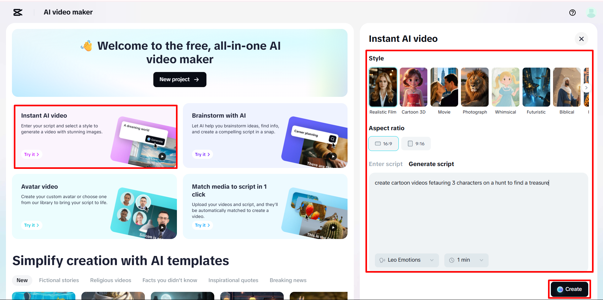 Generating video from a script in CapCut's AI video maker