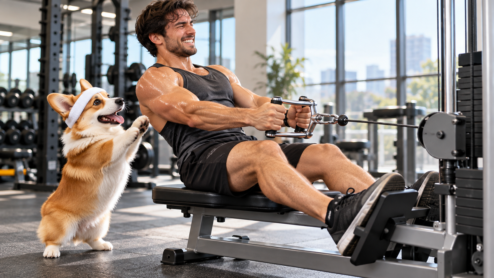 gym pet one more rep AI video: Small Corgi Wearing a Loose Sweatband Beside an