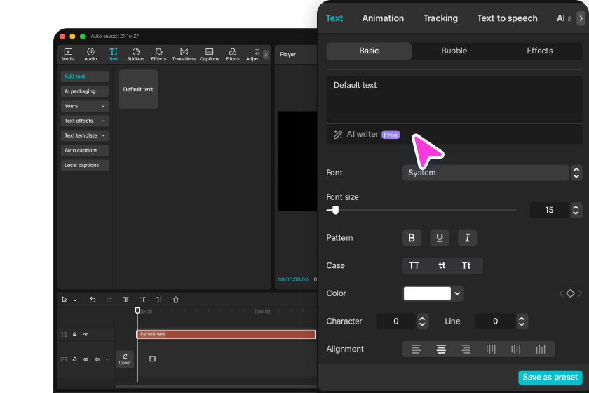 Navigate through the toolbar to find and open the AI writer