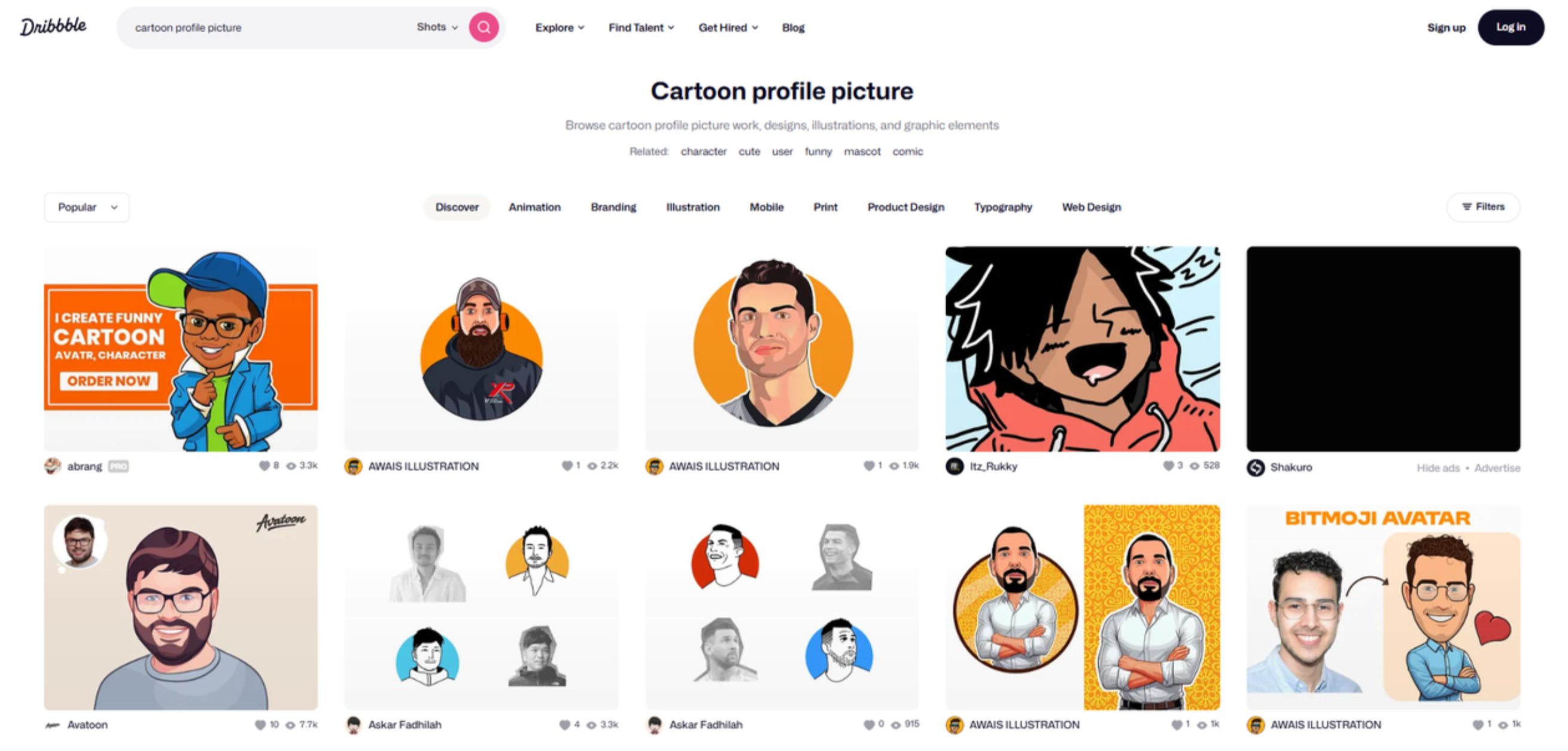 Interface of Dribble - a versatile site to find cartoon profile pictures for Instagram