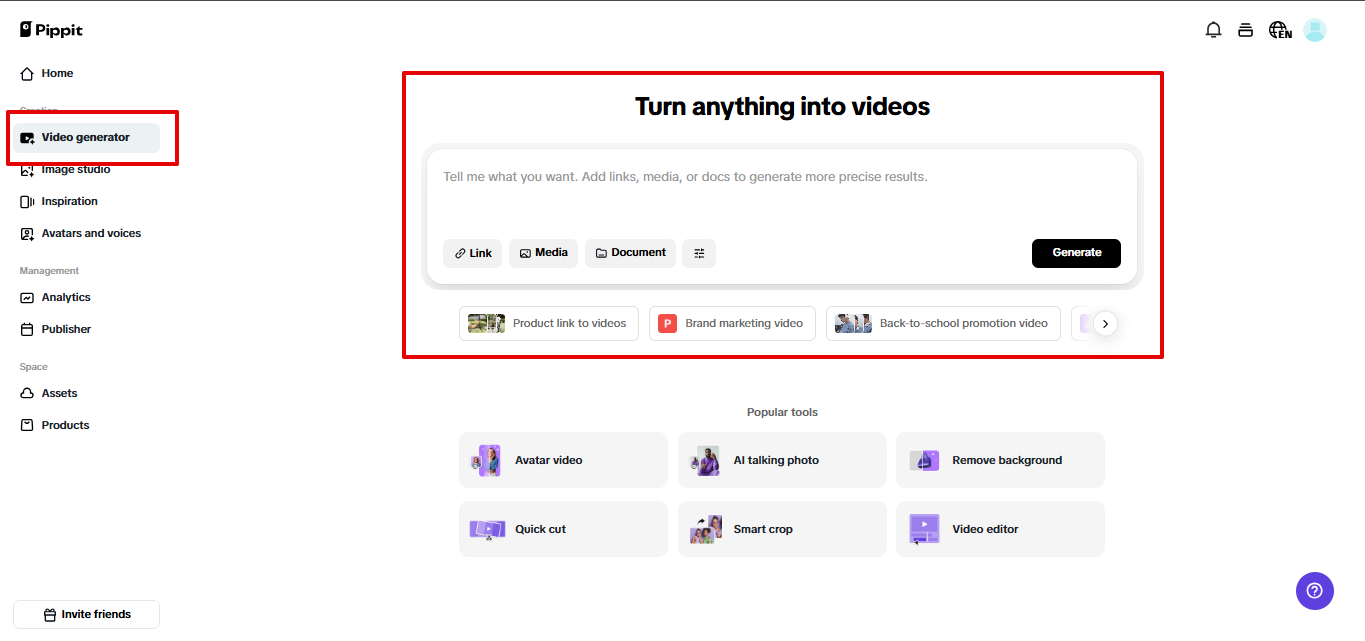 Video generator in Pippit