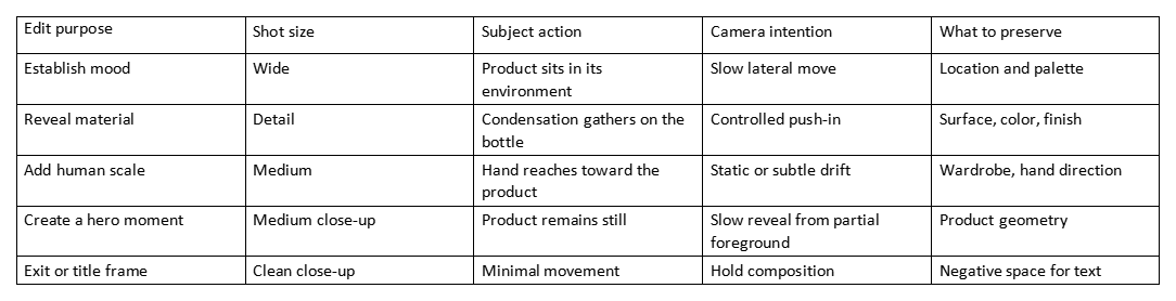 Table showing edit purpose, shot size, subject action, camera intention, and what to preserve