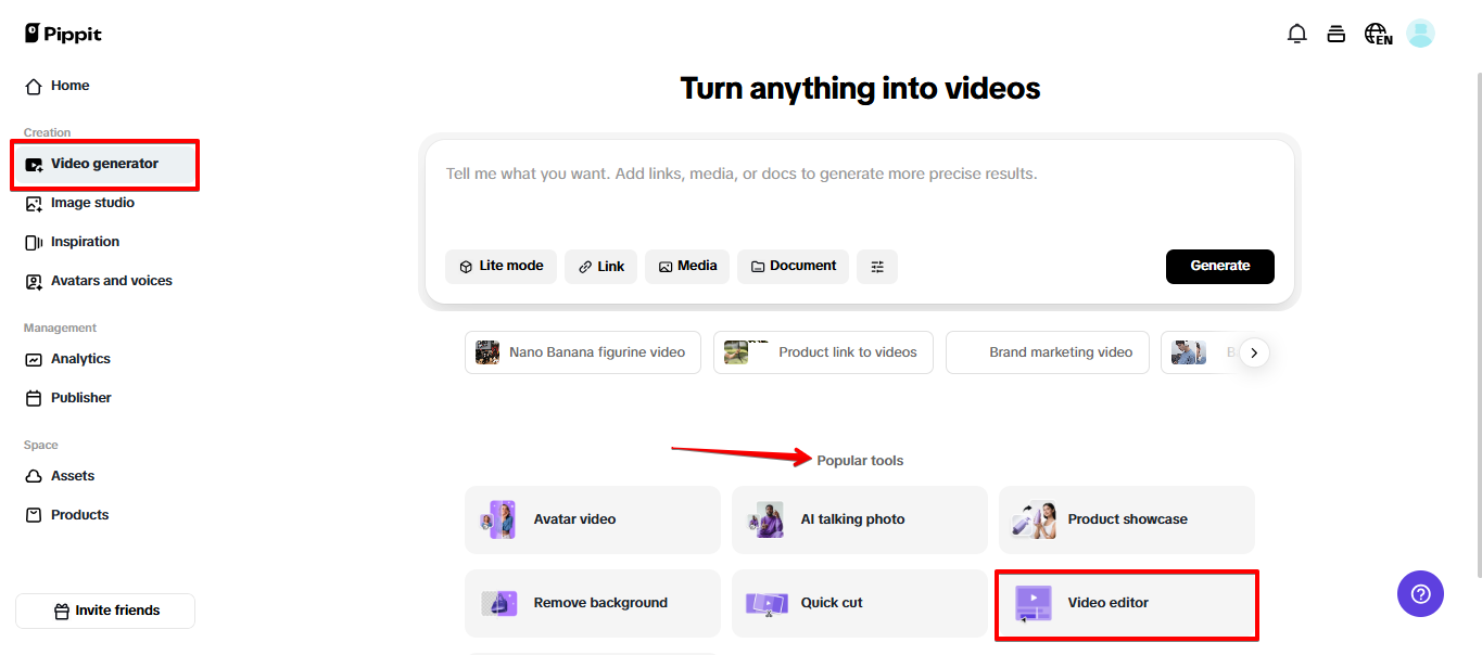 Abrindo editor de vídeo no Pippit