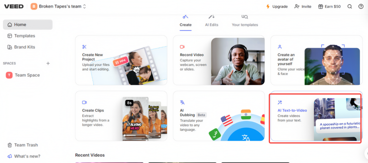 Go to VEED.IO and select the AI text to video feature