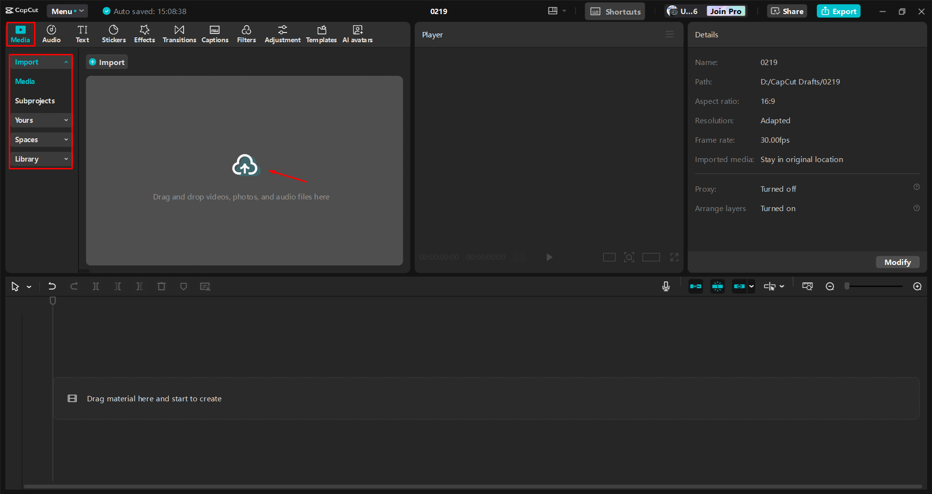 Importar um vídeo para o editor de vídeo de desktop CapCut