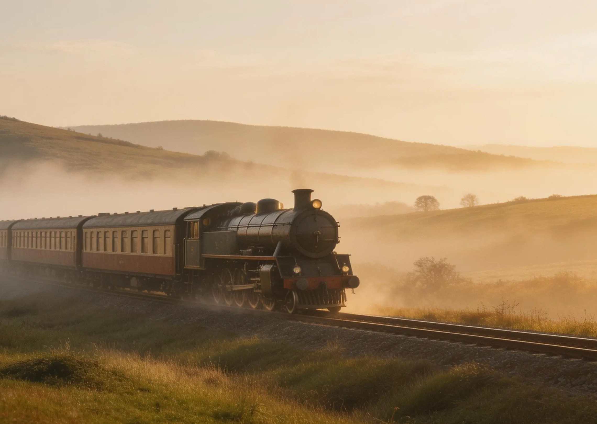 A vintage train moving through misty countryside at dawn