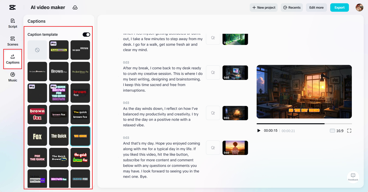 Apply captions to the scenes