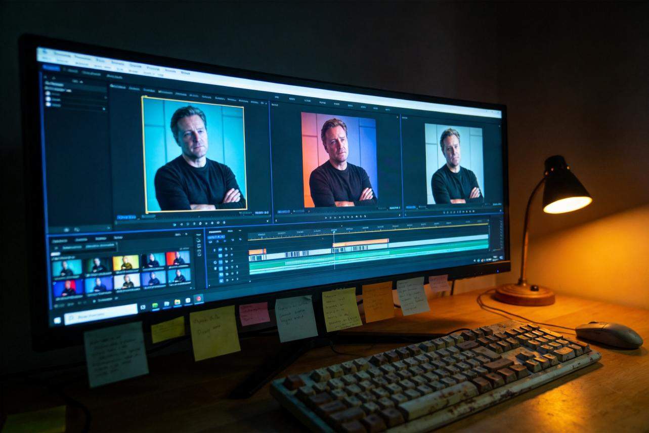 Video editing monitor showing three color-graded portraits and a timeline