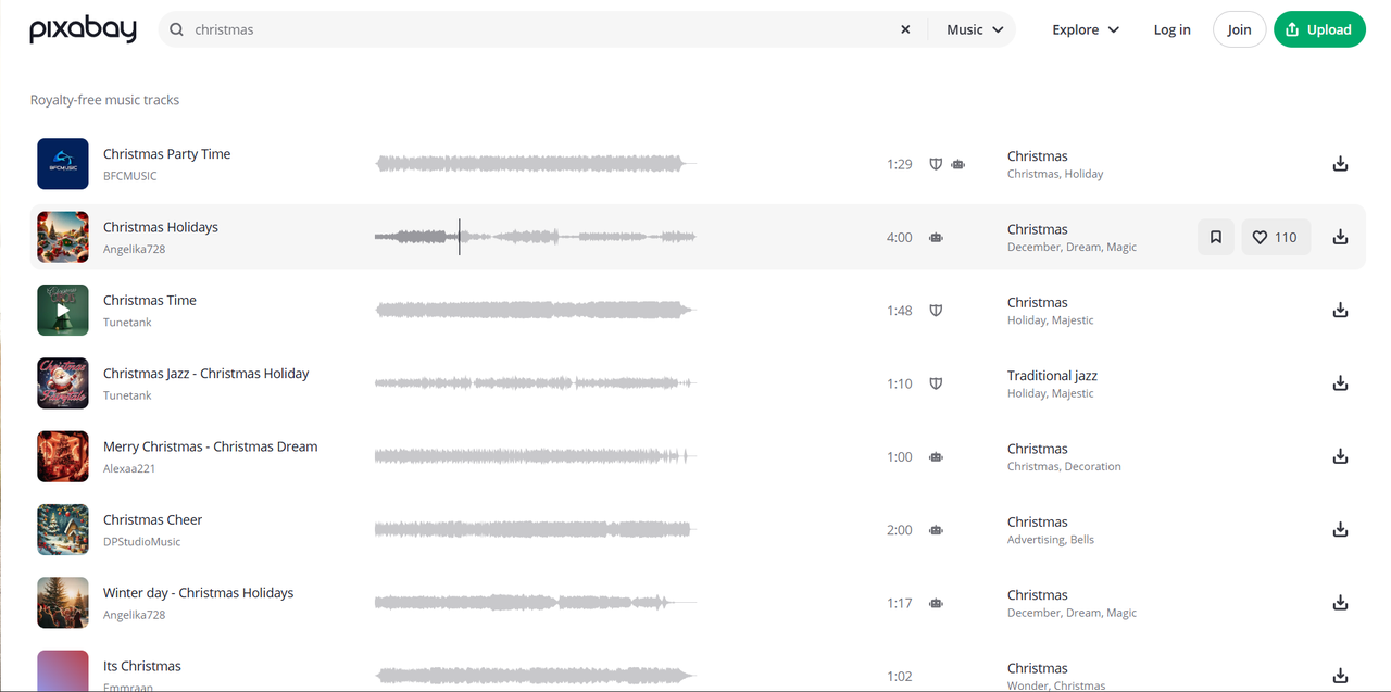 Interface of Pixabay - site with trending Christmas music 