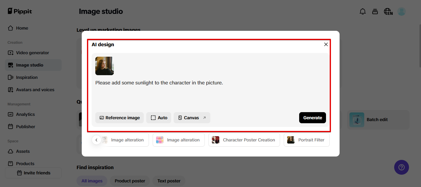Editing image in Pippit